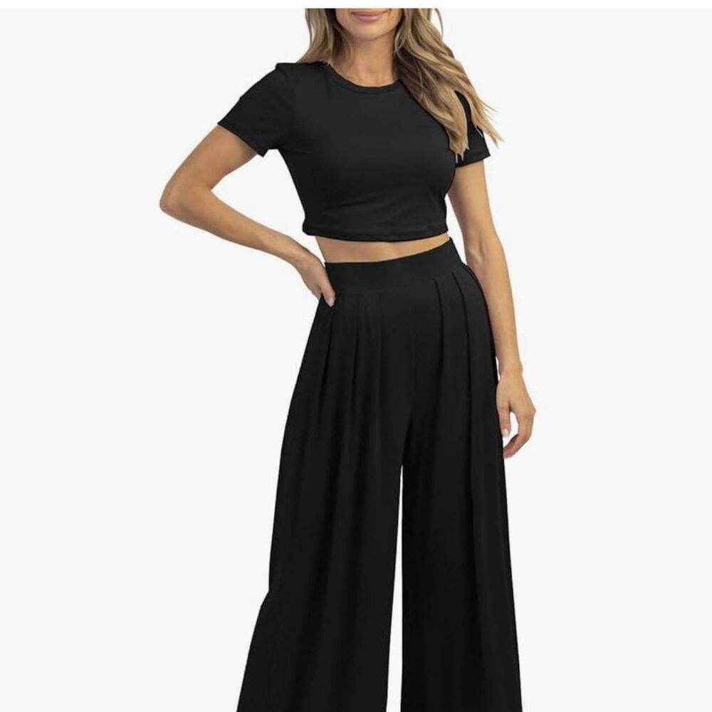 Casual Black Two Piece Lounge Set Crop Top And Wide Leg Palazzo Pants